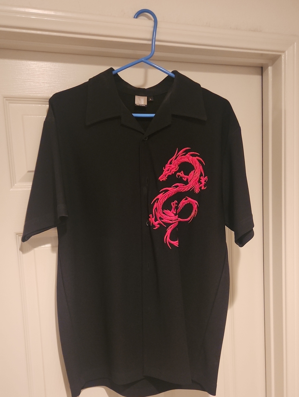next Black Short-Sleeve Button-Down Shirt with Red Dragon Embroidery